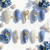 Gilt Star Bow And Diamond Press on Nails 24Pcs Medium Almond Nails