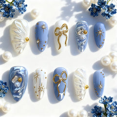 Gilt Star Bow And Diamond Press on Nails 24Pcs Medium Almond Nails