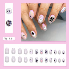 White Aurora Ghost Press on Nails 24Pcs Short Oval Nails