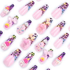Colorful Leopard Print Cute Rabbit Press on Nails 24Pcs Long Ballerina Nails