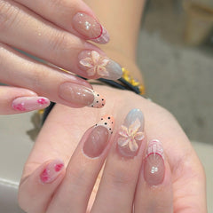 Pink Flower Vacation Press on Nails 10Pcs Medium Almond Nails