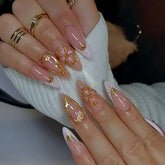 French 3D Flower Nude Press on Nails 24Pcs Medium Almond Nails