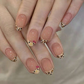 French Leopard Print Kitty Presson on Nails 24Pcs Medium Almond Nails