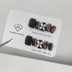 Plaid 3D Flower Handmade press on Nails / 10Pcs Squoval Nails