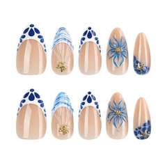 Blue & White 3D Flower Presson on Nails 24Pcs Medium Almond Nails