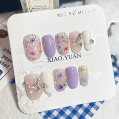 Butterfly Diamond Flower(Handmade press on nails)/10Pcs Oval Nails