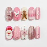 Pink Christmas Presson on Nails 10Pcs Medium Almond Nails