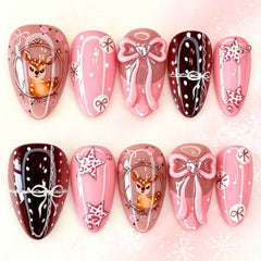 Christmas Pink Bow Deer Presson on Nails 10Pcs Medium Almond Nails