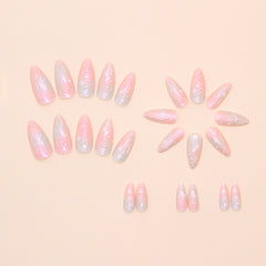 Pearlescent Pink Blue Gradient Color Press on Nails 24Pcs Medium Almond Nails