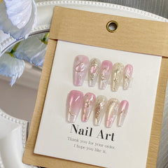 Pink butterfly Gold Plated Cat Eye(Handmade press on nails)/10Pcs Ballerina Nails