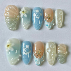 Ins Beach Vacation(Handmade press on nails)/10Pcs Almond Nails