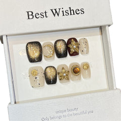 Star Moon Flower Handmade press on Nails / 10Pcs Squoval Nails