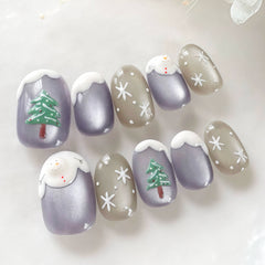 Christmas Tree Snowman Presson on Nails 10Pcs Medium Almond Nails