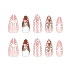 Gingerbread Man Candy Bow Press on Nails 24Pcs Medium Almond Nails