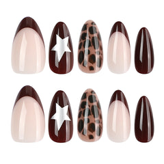 Leopard Print Stars Presson on Nails 24Pcs Medium Almond Nails