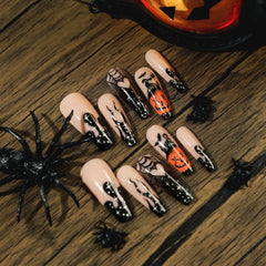 Black Flame Pumpkin Spider Web Press on Nails 24Pcs Long Ballerina Nails