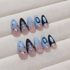 3D Pearl Shell Blue Press on Nails 24Pcs Medium Almond Nails