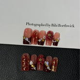 Burgundy Floral(Handmade press on nails)/10Pcs Square Nails