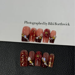 Burgundy Floral(Handmade press on nails)/10Pcs Square Nails
