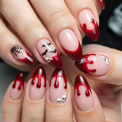 Blood-Drop French Bat Presson on Nails 10Pcs Medium Almond Nails