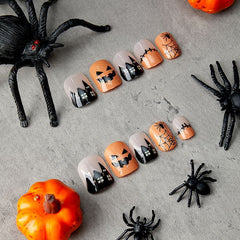 Ghost Face Spider Web Press on Nails 24Pcs Short Squoval Nails