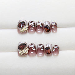 Diamond Bow Cat Eye Leopard Print(Handmade press on nails)/10Pcs Squoval Nails
