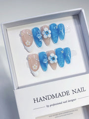 French Blueberry Flowers(Handmade press on nails)/10Pcs Almond Nails