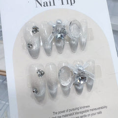 Ice-Clear Diamond Cat Eye Handmade press on Nails / 10Pcs Almond Nails