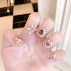 Sparkling Heart Sequins Handmade press on Nails / 10Pcs Squoval Nails