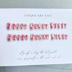 Pink Kitty Cat Eye(Handmade press on nails)/10Pcs Squoval Nails