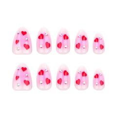 Blush Heart Diamond Press on Nails 24Pcs Medium Almond Nails
