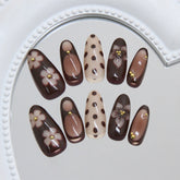 Polka Dot Flower Gold Bead Presson on Nails 10Pcs Medium Almond Nails