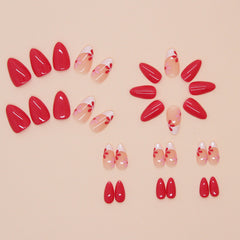 French Red Flower Press on Nails 24Pcs Short Almond Nails