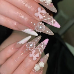 Camellia Bow Pearls(Handmade press on nails)/10Pcs Almond Nails