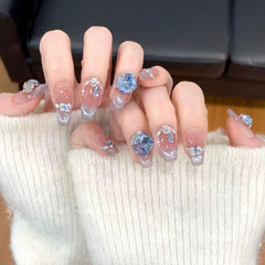 Sapphire French Cat Eye(Handmade press on nails)/10Pcs Coffin Nails