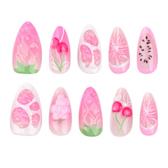 3D Fruit Strawberry Cherry Press on Nails 24Pcs Medium Almond Nails