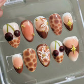 Amber 3D Flower Cherry Presson on Nails 10Pcs Medium Almond Nails