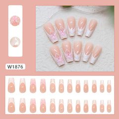 3D French Ice Flower Press on Nails 24Pcs Long Ballerina Nails