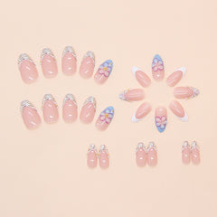 French 3D Flower Press on Nails 24Pcs Medium Almond Nails