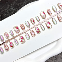 3D Flowers & Strawberry(Handmade press on nails)/10Pcs Square Nails