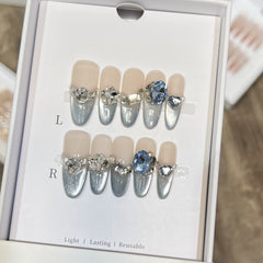 Blue Star Cat Eye Handmade press on Nails / 10Pcs Stiletto Nails