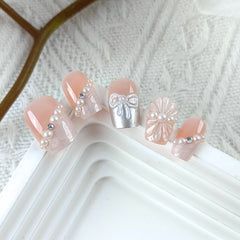 Bow Crystal Flower(Handmade press on nails)/10Pcs Square Nails