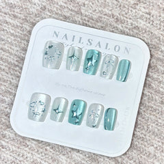Blue Galaxy Cat Eye(Handmade press on nails)/10Pcs Squoval Nails