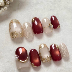 Gilt Glass Beads Cat Eye on Nails 10Pcs Medium Oval Nails
