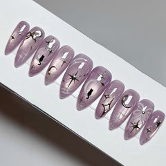 Starry Cat Moon Cat Eye Presson on Nails 24Pcs Medium Almond Nails