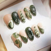 Green Christmas Tree Bow Presson on Nails 10Pcs Medium Almond Nails