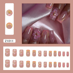 Gradient French 3D Striped Ice Flower Press on Nails 24Pcs Medium Squoval Nails