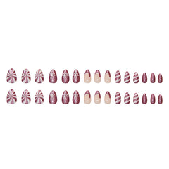 Fine Glitter Bow Stripes Press on Nails 24Pcs Short Almond Nails