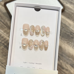 French Flowers Cat Eye Handmade press on Nails / 10Pcs Oval Nails