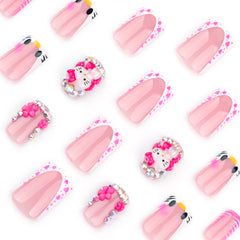French Kitty Heart Press on Nails 24Pcs Short Squoval Nails